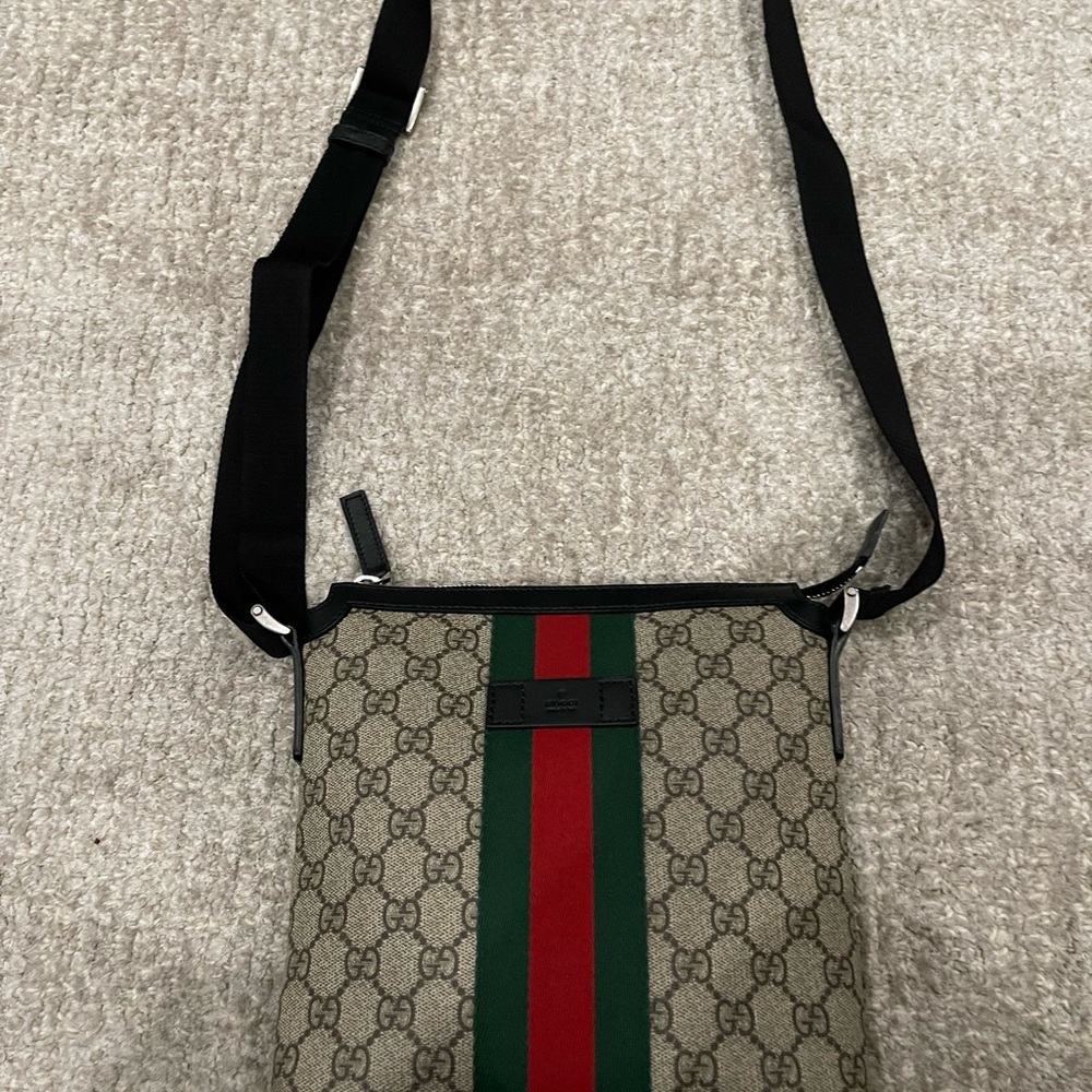 Gucci Beige GG Canvas Messenger with Green and Red Web Stripe